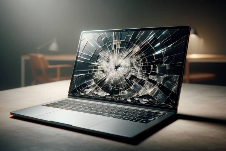 ordinateur portable sur une table avec son écran fissuré