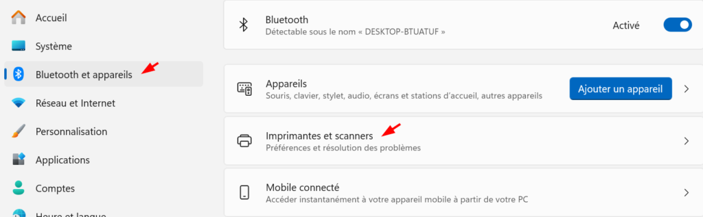 Comment supprimer une imprimante sur Windows 11 et Windows 10 ? 1 tableau de bord de windows avec le lien vers le menu imprimantes & scanners