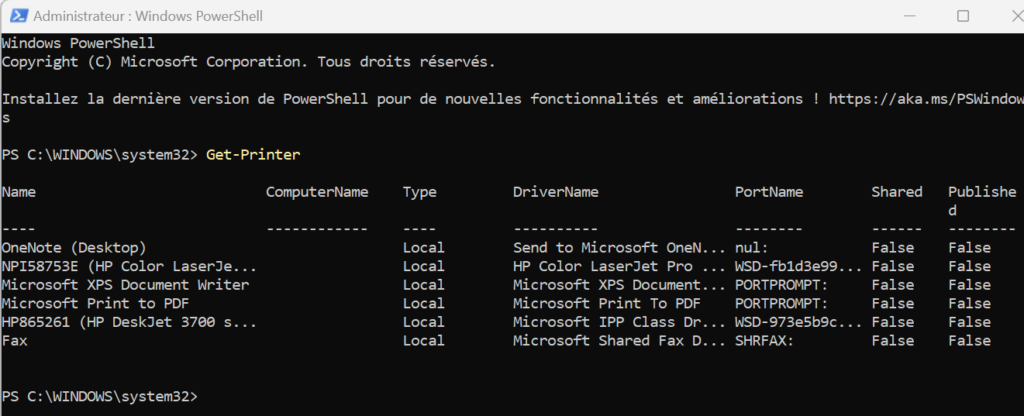 Comment supprimer une imprimante sur Windows 11 et Windows 10 ? 5 écran powershell affichant la liste des imprimantes installées
