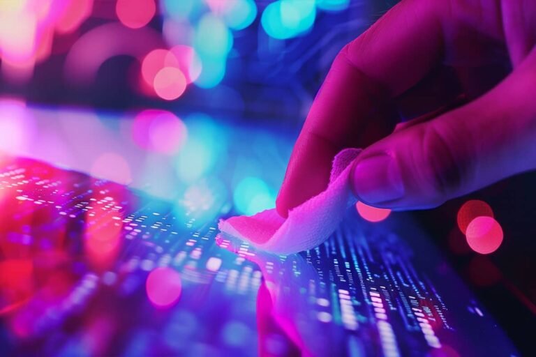 une main qui nettoie un écran avec une lingette