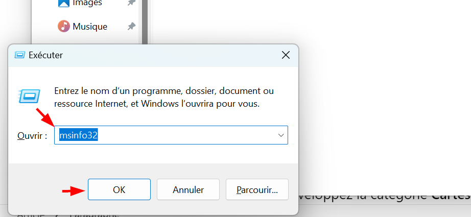 Que faire lorsque la carte graphique n'est pas détectée par Windows ? 1 fenêtre exécuter avec la commande msinfo32
