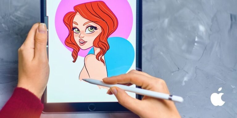 un stylet apple pencil dans les mains d'un utilisateurs qui dessine un dessin sur un ipad