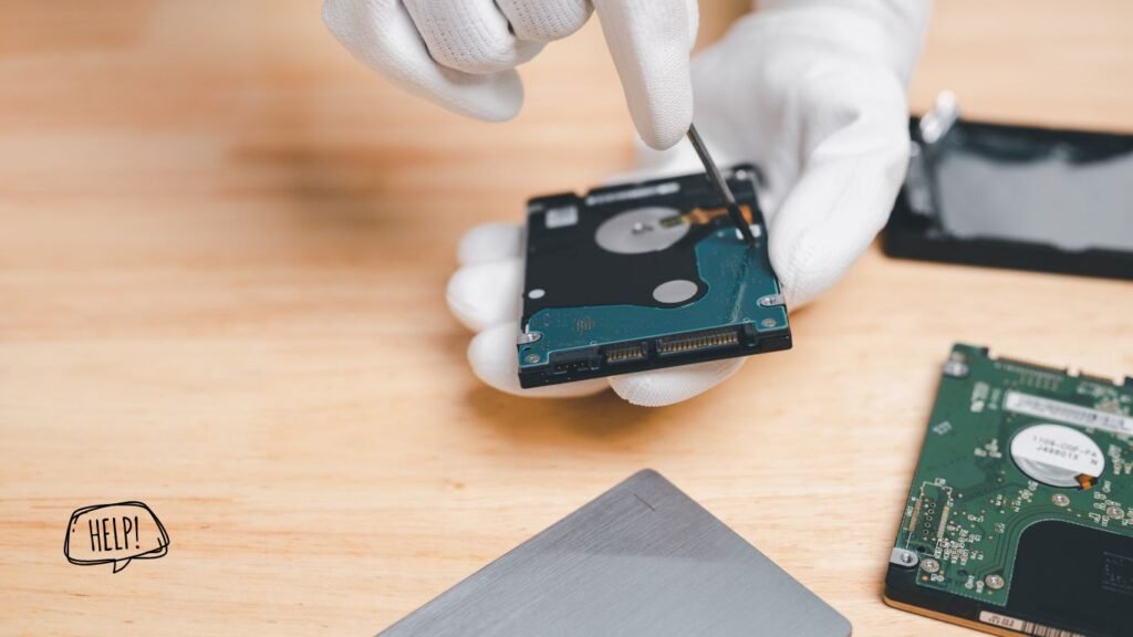 Réparation de disque dur 1 une expert en réparation de disque dur, les mains gantées occupé à remplacer la carte électronique d'un disque dur à Aix en Provence