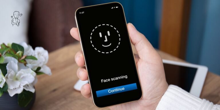 un smartphone dans la main d'un utilisateur. Sur l'écran du smartphone un visage souriant confirme le déverouillage par Face ID.