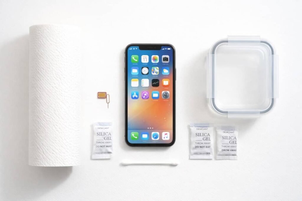 un smartphone et des accessoires pour nettoyer un iphone mouillé